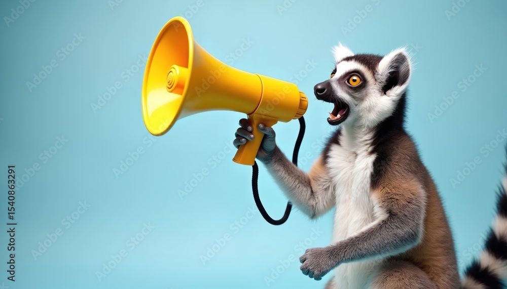 Fototapeta premium Funny lemur speaks, announces with yellow megaphone. Adorable animal announcing, shouting, screaming news. Concept of announcement, public speaking, advertising, marketing, communication. Isolated on