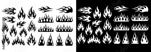 Classic silhouette flame. Black fire set isolated on white background. Old school tattoo neo-tribal style or silhouette flame for cars. Minimalistic stylish fire outline and filled contour. Vector set