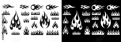 Classic silhouette flame. Black fire set isolated on white background. Old school tattoo neo-tribal style or silhouette flame for cars. Minimalistic stylish fire outline and filled contour. Vector set