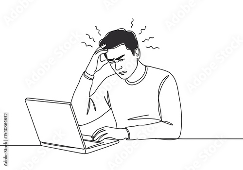 Continuous line drawing of a stressed man working on a laptop with a worried expression on his face