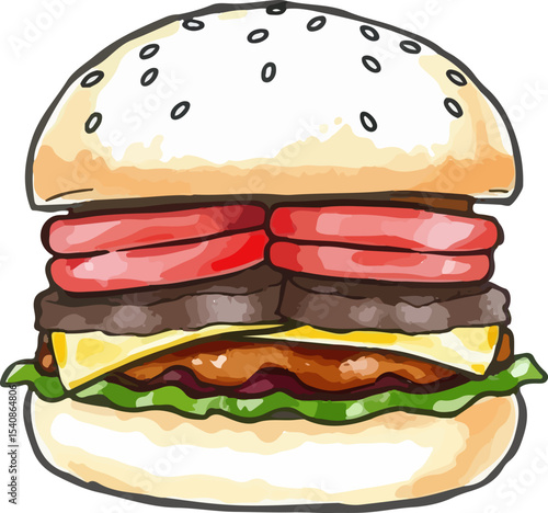 Watercolor vector illustration of a burger.