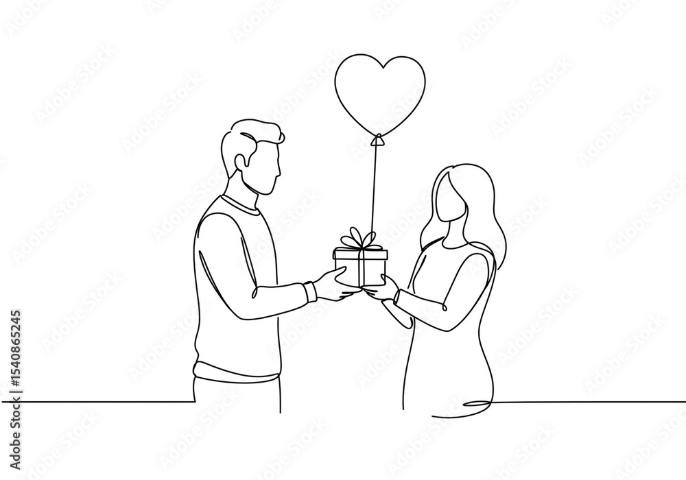 custom made wallpaper toronto digitalA man giving a present to a woman with a heart balloon in a continuous line drawing style design