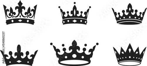 Set of Elegant Black Silhouette Royal Crown Icons AI Generative
