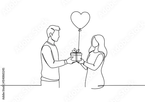 Wallpaper Mural A man giving a present to a woman with a heart balloon in a continuous line drawing style design Torontodigital.ca