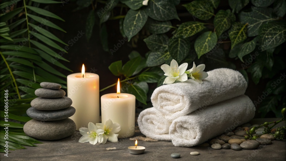 Serene Spa Still Life Candles, Stones, Towels, Flowers, and Lush Greenery, spa, wellness Serene Spa Still Life Candles, Stones, Towels, Flowers, and Lush Greenery, spa, wellness