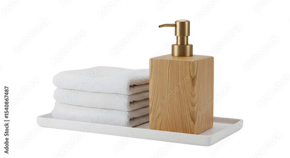 custom made wallpaper toronto digitalWooden Soap Dispenser with Stacked White Towels on White Tray