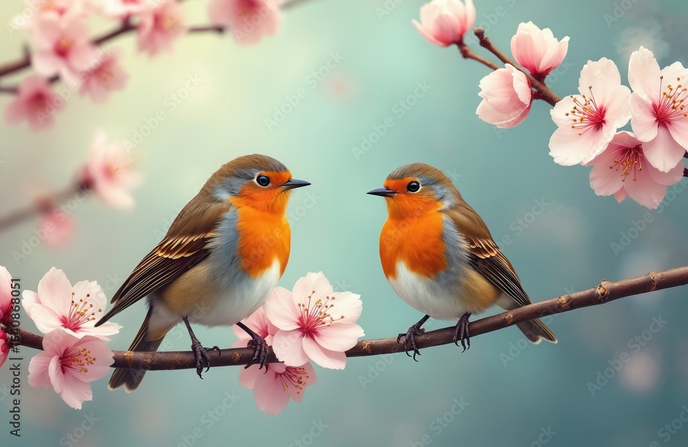 Two robins perch on a branch in spring. The birds have orange breasts, brown wings and heads. Pink flowers and green background add visual interest. Ideal for spring, nature, eco, design themes. Two robins perch on a branch in spring. The birds have orange breasts, brown wings and heads. Pink flowers and green background add visual interest. Ideal for spring, nature, eco, design themes.