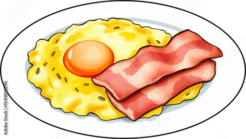 Watercolor vector illustration of fried egg and bacon.