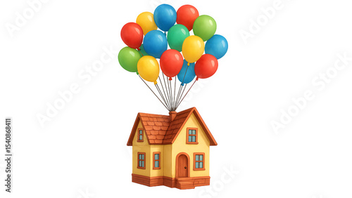 House Suspended by Balloon on Transparent Background PNG Isolated