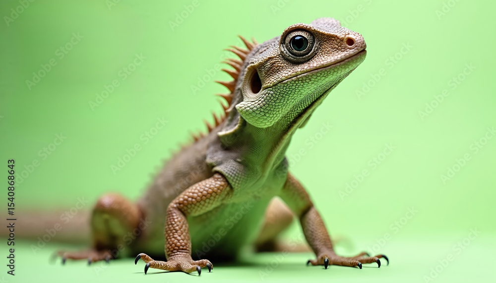 Fototapeta premium Juvenile lizard shows scaly texture, intricate detail. Reptile scales, skin, unique pattern. Vibrant colors, sharp focus, studio setting. Wildlife, zoology concept, close-up portrait against green