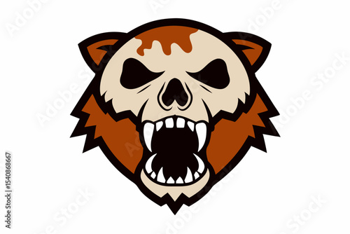 Vintage Bear Skull with Broken Jaw - Retro Wilderness Badge Style on White Background