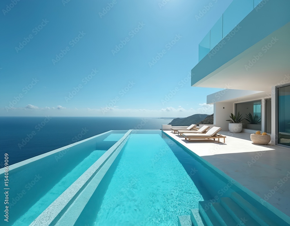 Fototapeta premium Luxurious infinity pool overlooks ocean. Modern architecture design clear sky on sunny day. Coastal paradise setting. Vacation, travel, relaxation, seascape, summer holiday. Minimalist design, luxury