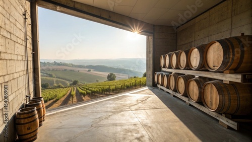 Sunlit Winery Cellar Concrete Architecture, Oak Barrels, Vineyard View, Winemaking, Barrel Storage Wine cellar, Winery architecture