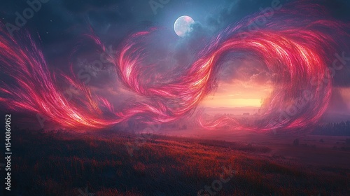 Loops of sapphire and crimson fireworks intertwining into braided patterns