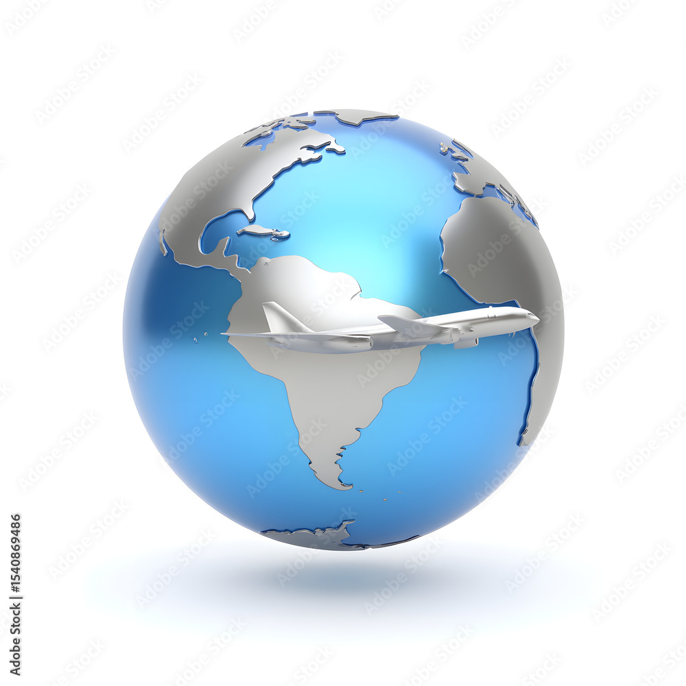 Fototapeta premium A 3D mobile app icon of a globe with an airplane, glossy texture, isolated on a white background, silver and blue tones, highly detailed.