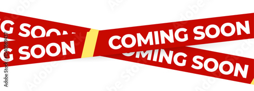 Coming Soon Red Banner Tape Stripe for shop opening, sale launch, retail notice, store ad, campaign teaser, product arrival, marketing layout. Product promotional clearance. Vector Illustration.