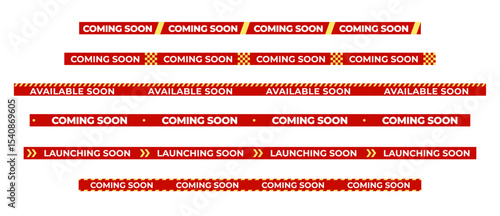 Coming Soon Red Warning Banner Tape set with bold typography for shop opening, sale launch, retail notice, campaign alert, product arrival, promotional clearance. Vector illustration.