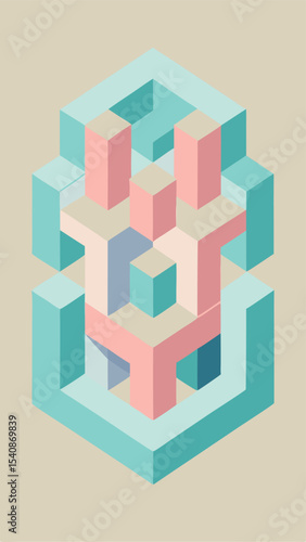 Abstract geometric composition in pastel colors with a cuboid shape and transparency