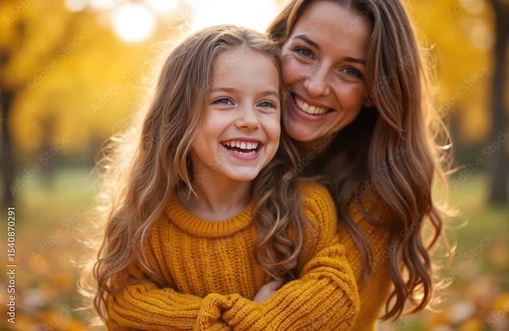 Obraz premium Smiling mother with little daughter outdoors in autumn park. Girl with long blond hair hugs mom. Happy family time together. Fall season, leaf, yellow sweaters.