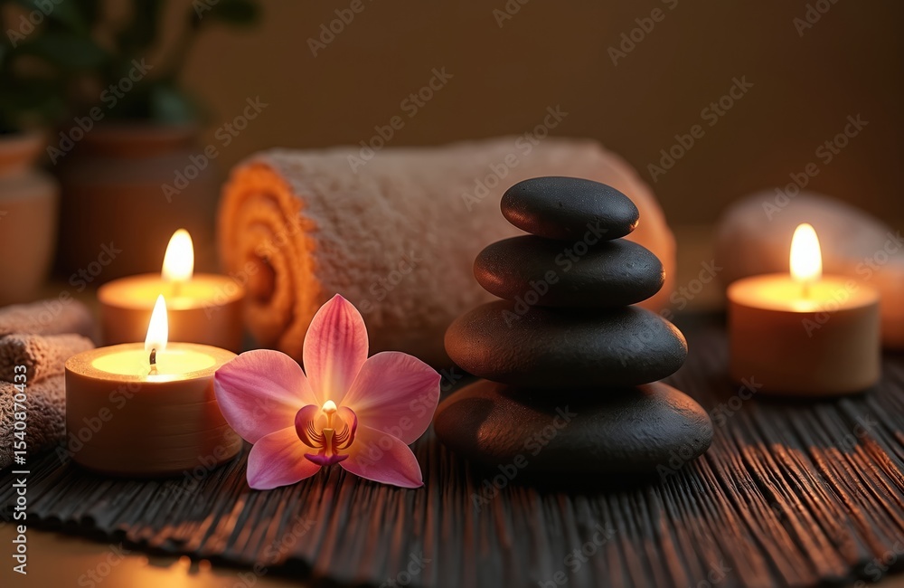 Spa wellness setting. Massage stones, candles, orchid flower, rolled towels. Zen-like atmosphere, perfect for relaxation, beauty treatments, aromatherapy. Focus on well-being, self-care practices. Spa wellness setting. Massage stones, candles, orchid flower, rolled towels. Zen-like atmosphere, perfect for relaxation, beauty treatments, aromatherapy. Focus on well-being, self-care practices.