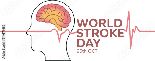 World Stroke Day October 29th Awareness Campaign Illustration Featuring Brain Anatomy and Heartbeat Line Graphic