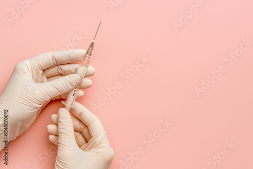 High-Resolution Minimalist Image Featuring Gloved Hands Holding a Syringe Against a Soft Pink Background – Ideal Visual Representation for Aesthetic Medicine, Skincare Treatments, Beauty Clinics