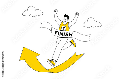 A joyful athlete in a yellow jersey celebrates crossing the finish line with raised arms. The scene conveys enthusiasm and victory in a cartoon style.