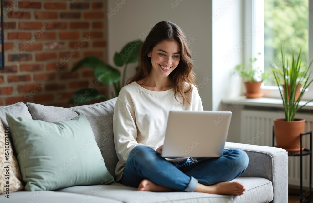 Fototapeta premium Young woman working laptop sitting home on couch. Brunette female browsing internet, smiling, using tech, telecommuting. Attractive person relaxing at comfortable modern apartment with green plants.