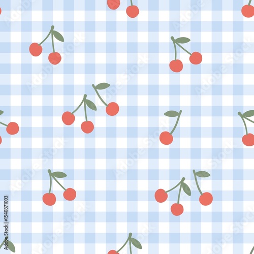 Cherry seamless pattern with green stems on light blue gingham checkered background in large scale
