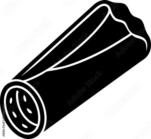 Black and white stylized illustration of a fresh burrito showcasing the rolled tortilla and visible fillings a simple design concept for various food related projects