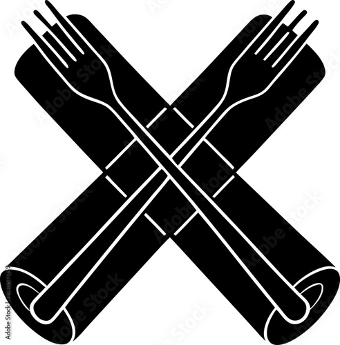 Crossed forks over rolled cloths vector illustration restaurant and dining icon symbol design black and white minimalist art