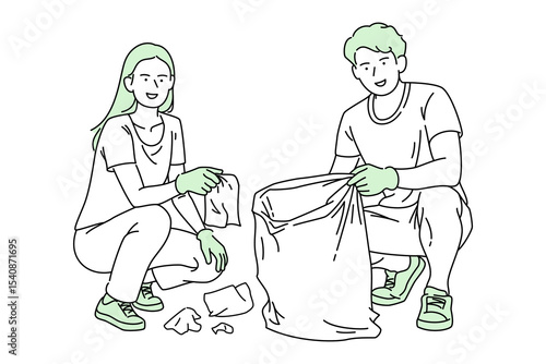 Beach Cleanup by Youth Volunteers, Collecting Plastic Waste with Gloves and Trash Pickers, Front View