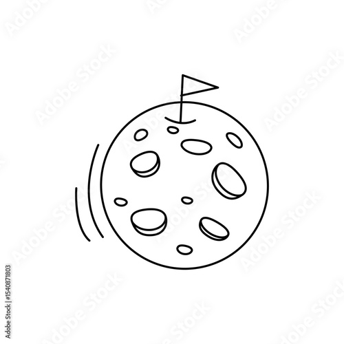 Hand Drawn Cartoon Moon with Flag. Vector Illustration. Isolated on White Background.