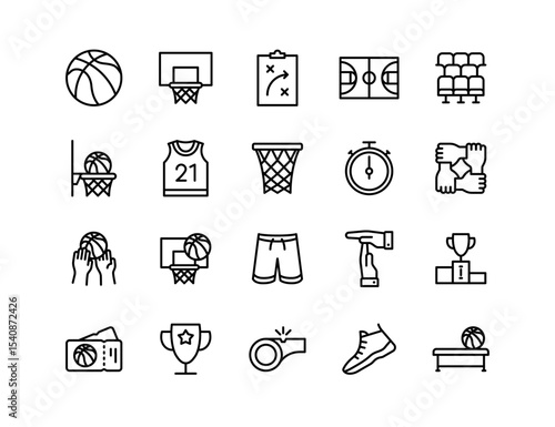 Basketball Vector Icon Set | Adjustable Line Weight | Ball, court, hoop, dunk, player, jersey, score, basket, match, game, sport, net, training, arena icons