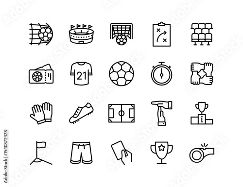 Soccer Vector Icon Set | Adjustable Line Weight | Ball, goal, field, match, player, team, kick, stadium, uniform, referee, trophy, shoot, coach, tactics icons