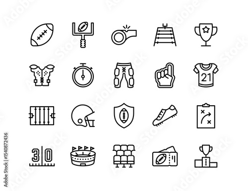 American Football Vector Icon Set | Adjustable Line Weight | Ball, helmet, goalpost, jersey, timer, tackle, field, score, playbook, fans, victory icons