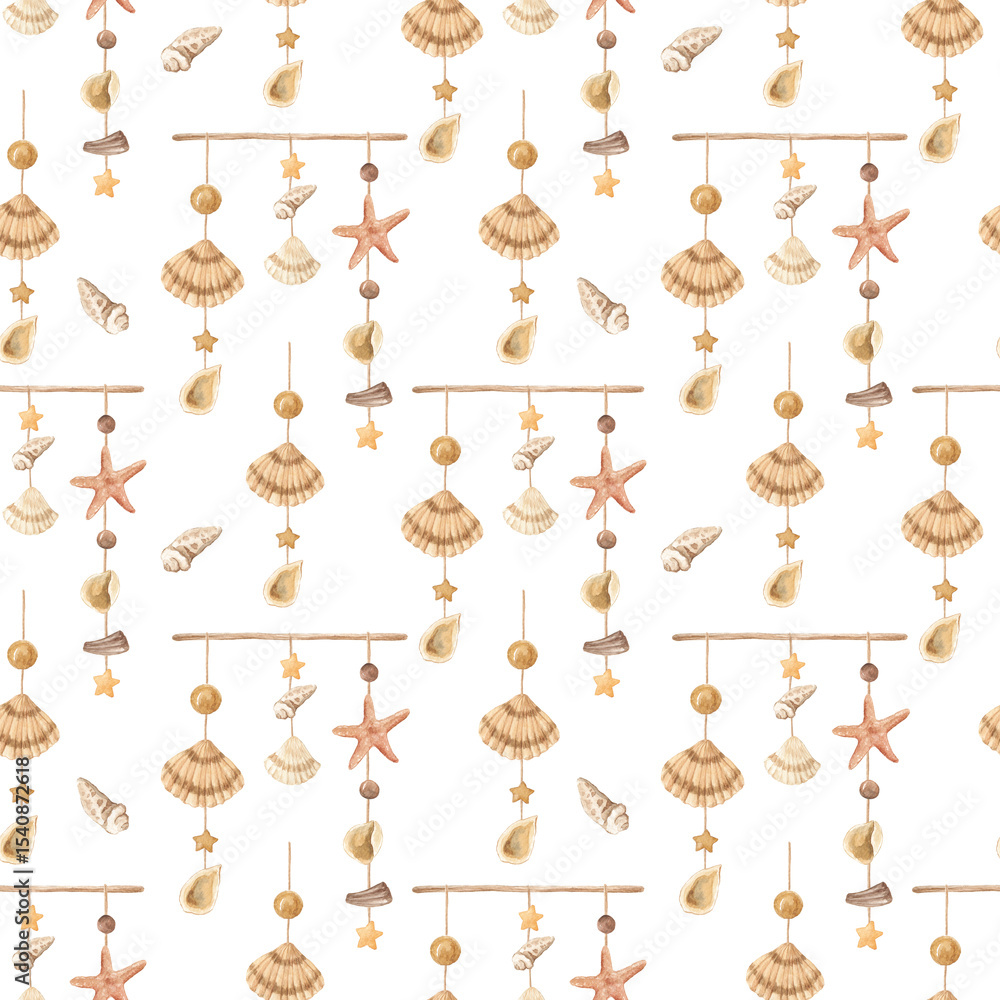 Fototapeta premium Watercolor marine pattern. Home textiles. Ocean theme. Rest. Sea coast, Embankment. Print for fabric. Summer, summer mood. Shells. Brown, beige colors. Shell pattern. Underwater.