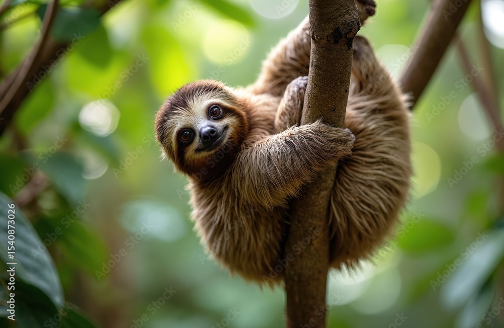 Naklejka premium Brown-throated sloth Bradypus variegatus hanging tree. Cute animal with brown fur, tropical rainforest habitat. Wildlife in jungle, costa rica. Young sloth portrait, lazy behavior.