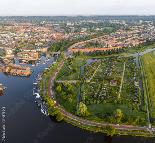 Aerial image of Dutch rural road where bicyclists have priority over cars, sustainable healthy mobility concept