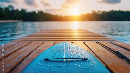 Surfboard resting on wooden dock overlooking serene lake at sunset