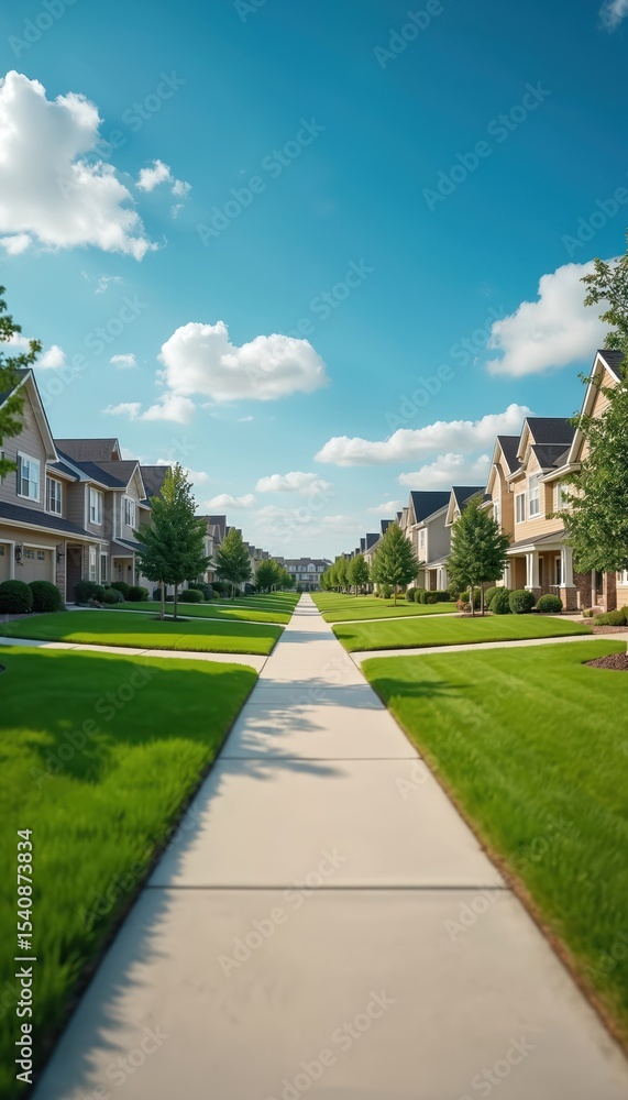 Obraz premium Suburban neighborhood with contrasting green lawns, walkway, houses. Residential area with blue sky, white clouds. Home ownership, real estate concept. Modern architecture, gardening, urban housing.