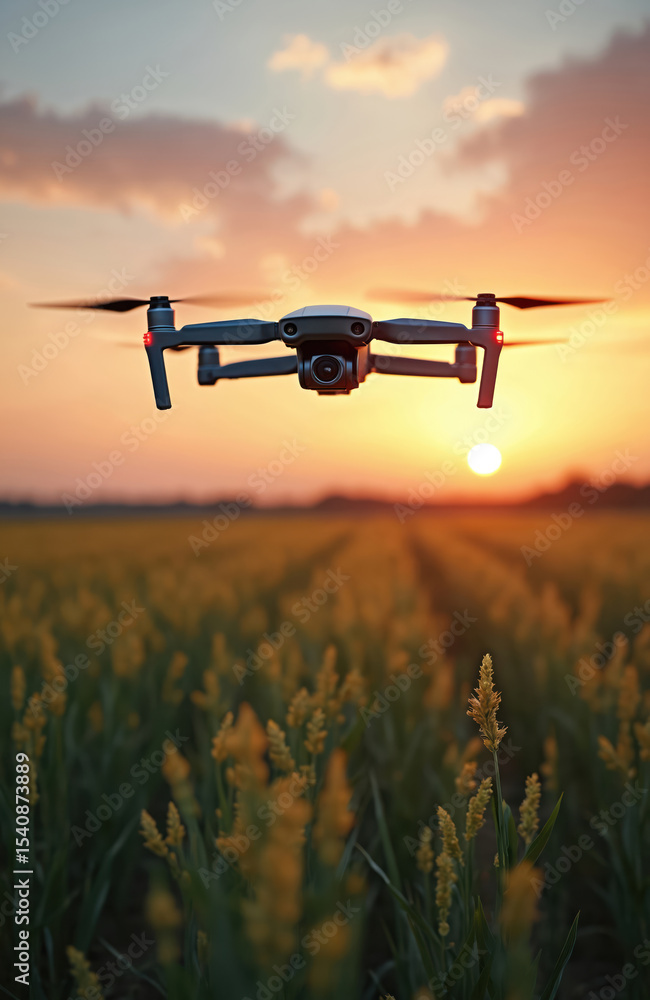 Industrial drone with camera flies over crop field at sunset. Technology used for monitoring agriculture. Autonomous farming concept. Modern tech innovation in farming. Smart agriculture. Aerial view Industrial drone with camera flies over crop field at sunset. Technology used for monitoring agriculture. Autonomous farming concept. Modern tech innovation in farming. Smart agriculture. Aerial view