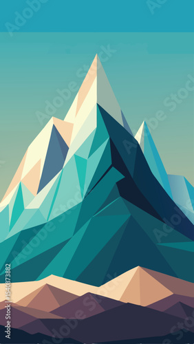Abstract geometric mountain landscape in turquoise and beige with layered shapes