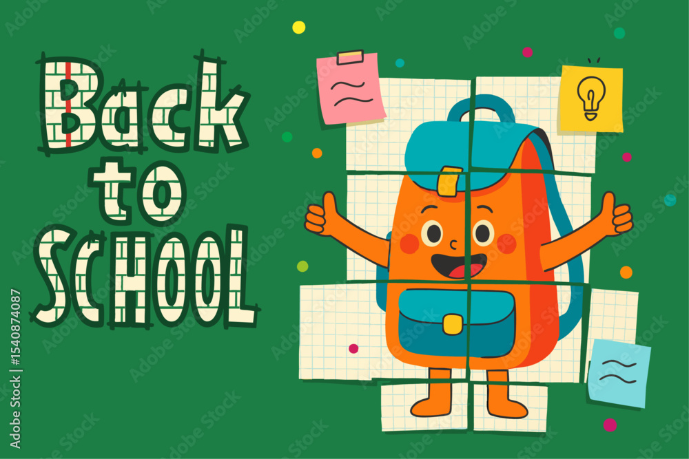 Fototapeta premium Back to school banner template. Green chalkboard background. Cartoon backpack character, paper stickers