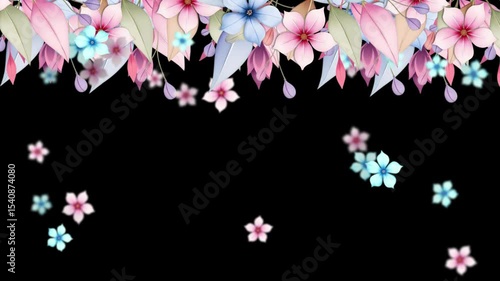 Elegant floral frame with falling pink and blue flowers animation on black background, perfect as a decorative overlay or video background., Elegant floral border illustration with pink, blue, and 