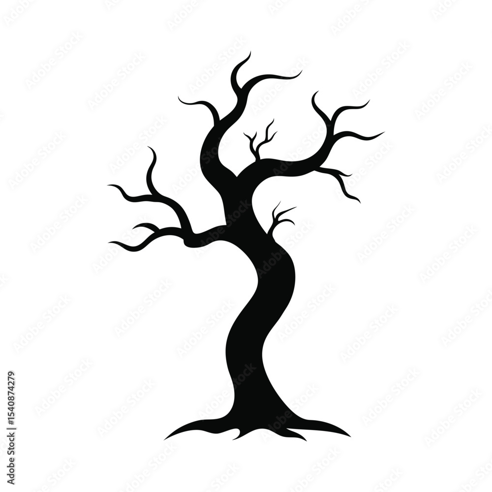 Twisted creepy tree with bare branches stretching into the sky silhouette