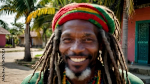 Smiling senior African man with dreadlocks wearing a colorful headband. He stands outdoors with palm trees and colorful buildings in the background.
