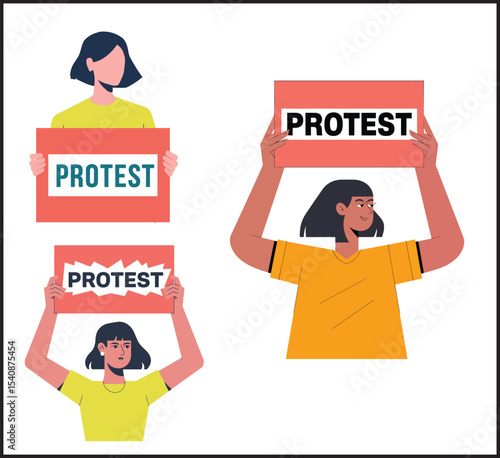 People Holding Protest Signs Collection - Demonstration Rally Activist Vector Illustrations