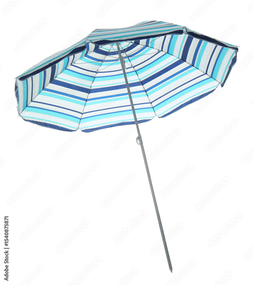 Obraz premium Open blue striped beach umbrella isolated on white