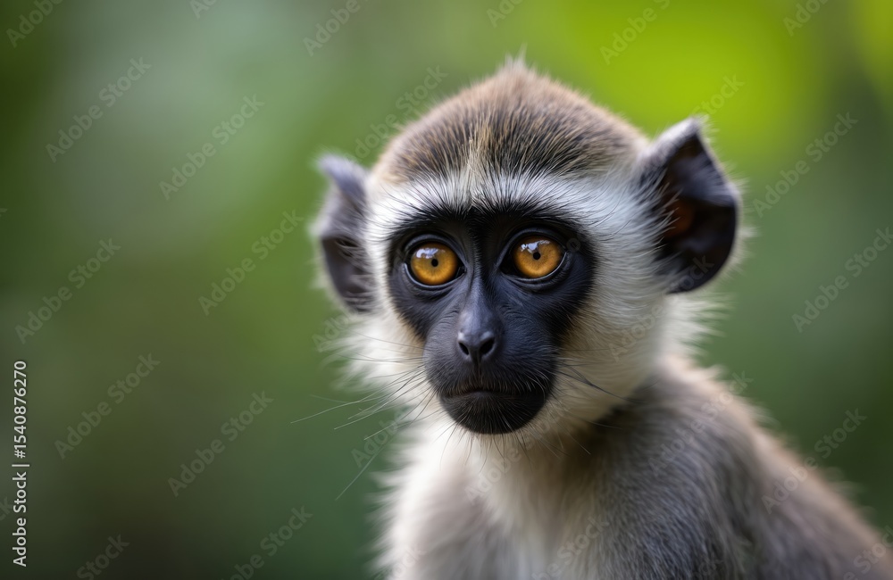 Fototapeta premium Close-up portrait of monkey face with focused golden eyes. Furry primate looks at camera in a natural wildlife, jungle, blurred green background, exploring mammal, tropical forest.